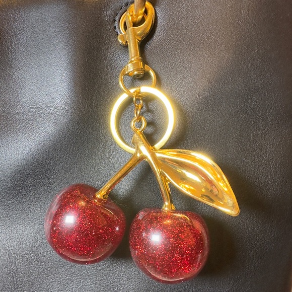 NEW Sparkling Large Cherry Bag Charm/Keychain with Gold Leaf - Picture 2 of 3